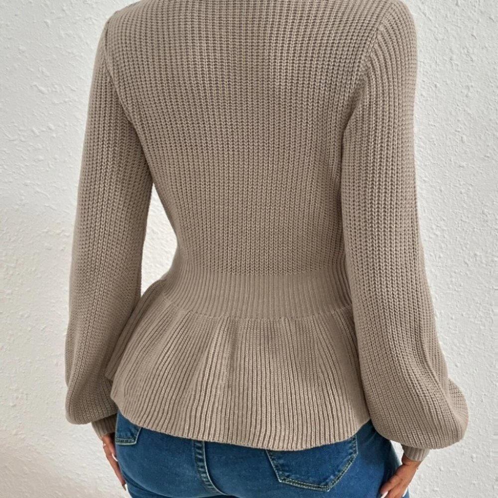 PEPLUM LANTERN SLEEVE KNIT SWEATER FALL WINTER CHIC CASUAL STREETWEAR - Picture 5 of 6